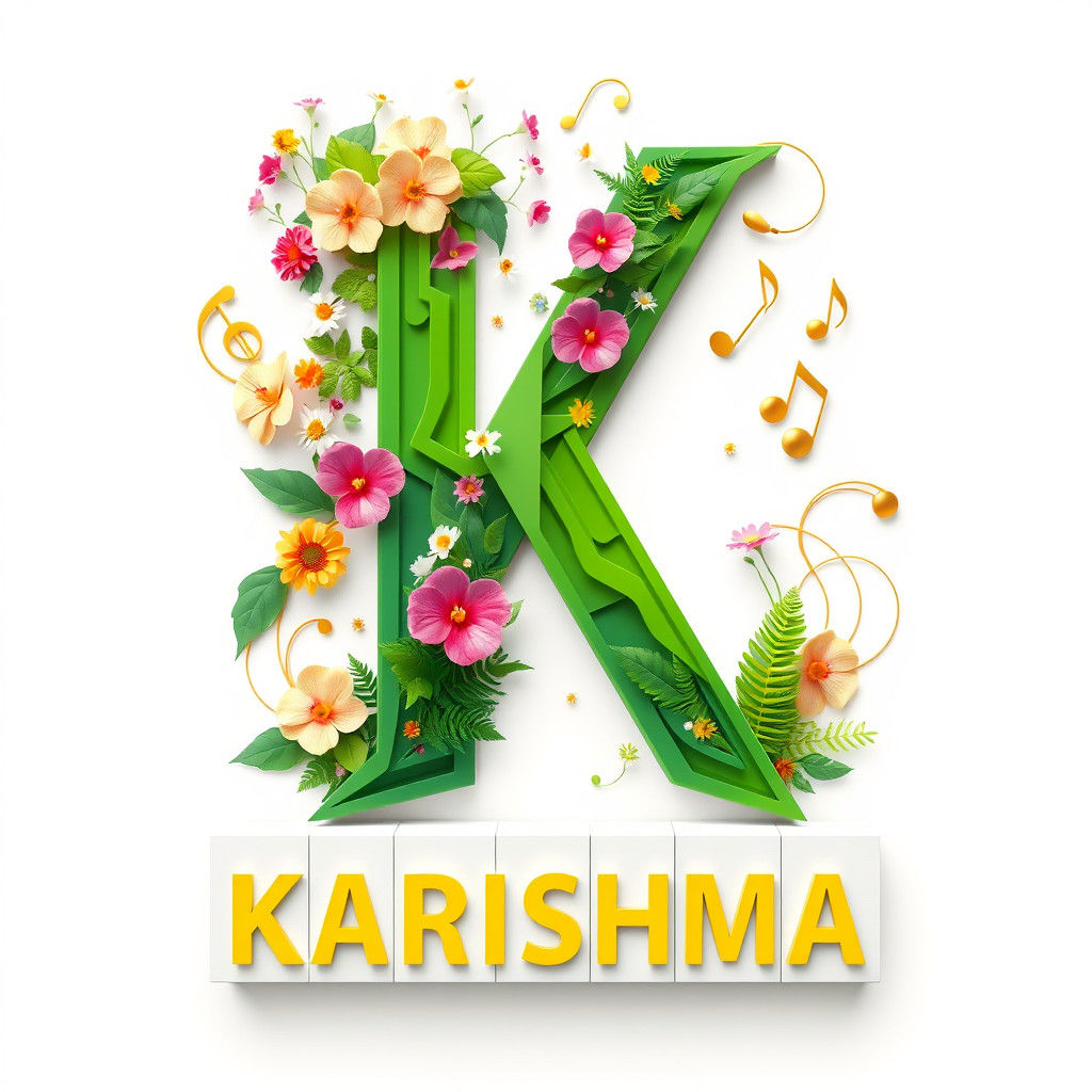 Geometric 3D Letter K with Flowers and Musical Symbols
