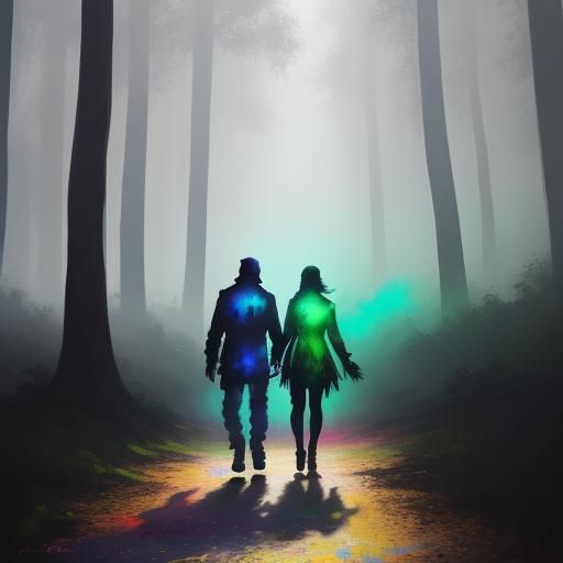 Couple in Misty Forest: Polychromatic Street Art