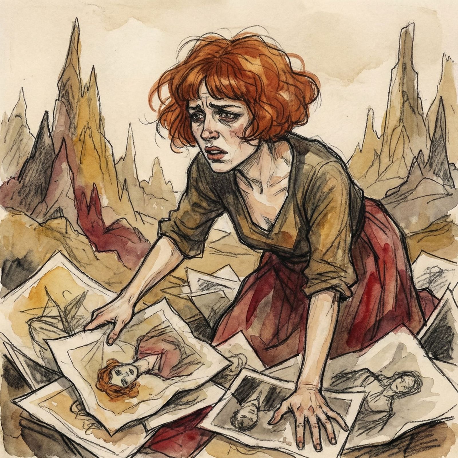 Surreal Ginger Woman Lost in Image Mountains