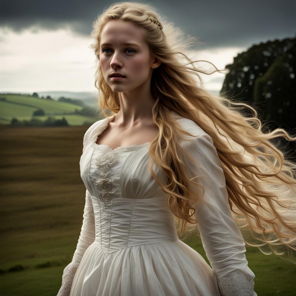 Sad Girl in White Dress, Scotland, Hyperrealistic