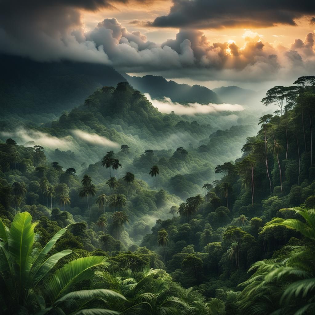 Sunset Over a Valley in a Tropical Rainforest