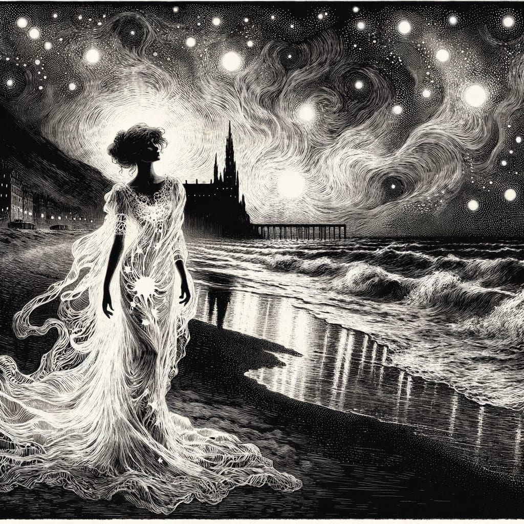Mystical Seaside Woman in Dreamlike Etching Style