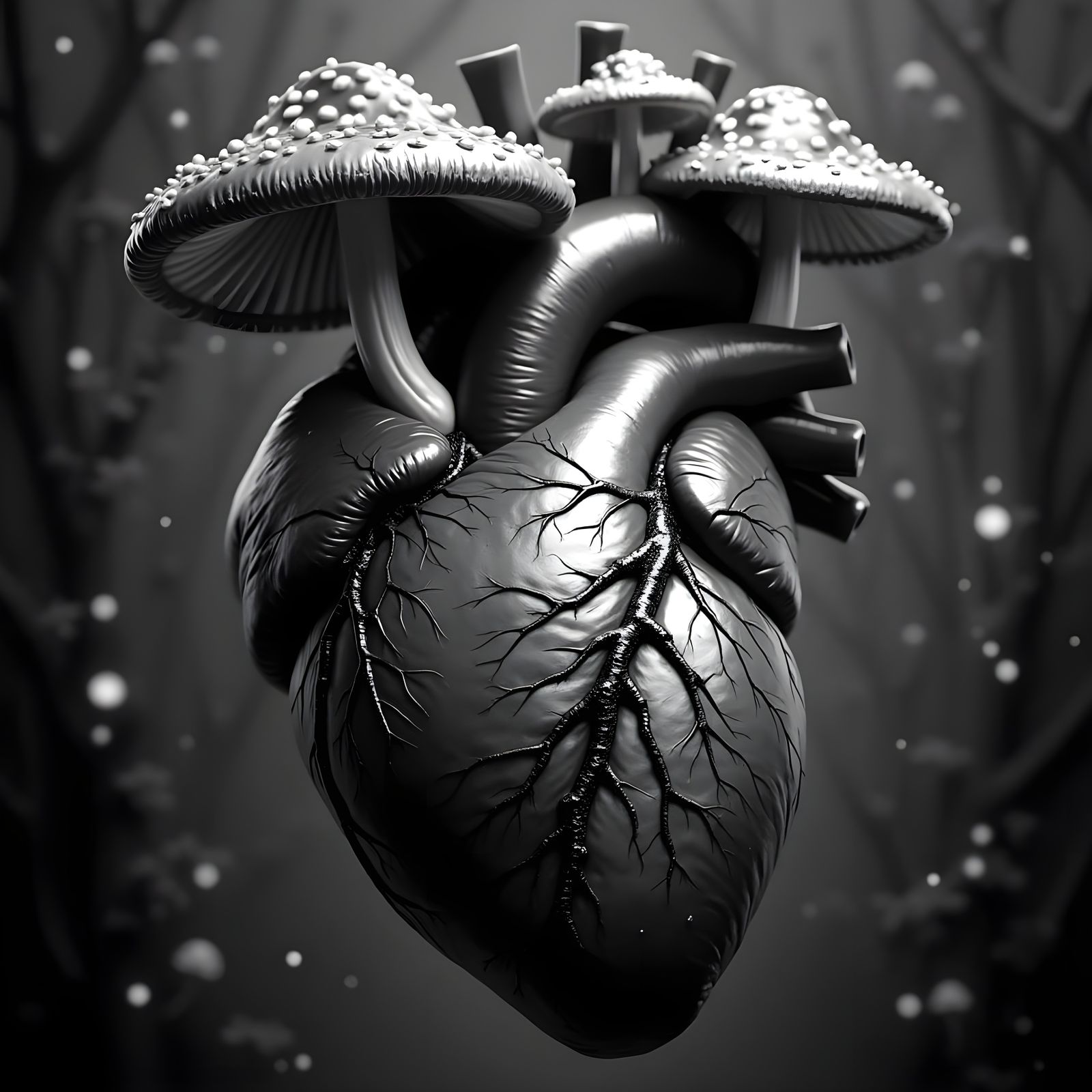 Surreal Psychedelic Heart in a Luminous Mushroom Network
