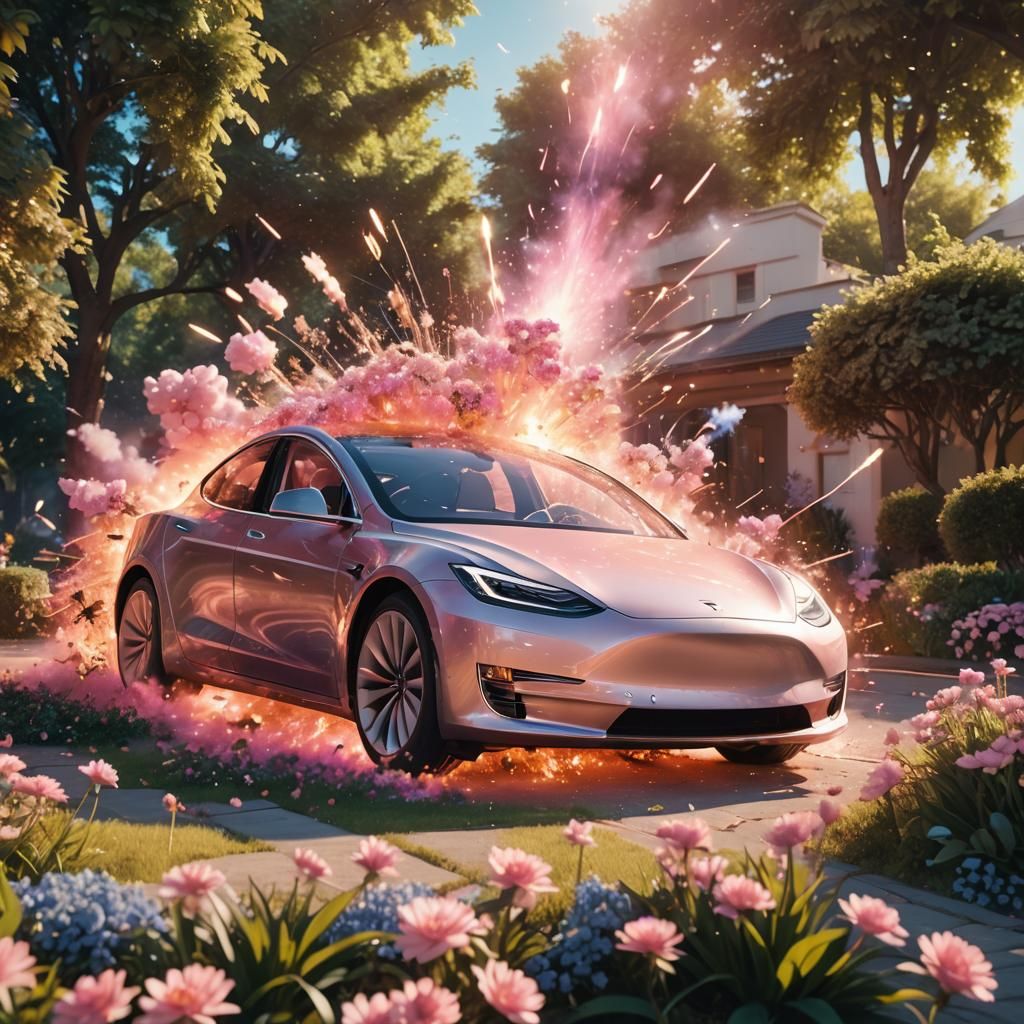 Tesla Exploding in a Surreal Anime Garden