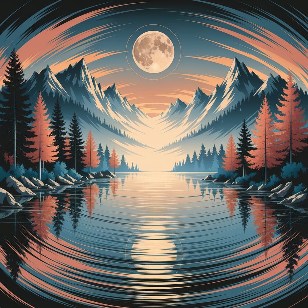 Moonlit Mountain Lake in Impressionistic Style