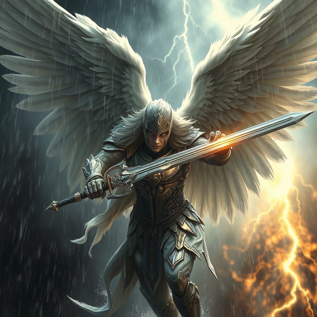 Angel Warrior Descends Amidst Stormy Skies in Epic Cyberpunk...
