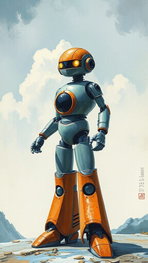 Robot Poster in Gouache Watercolor Impressionist Style