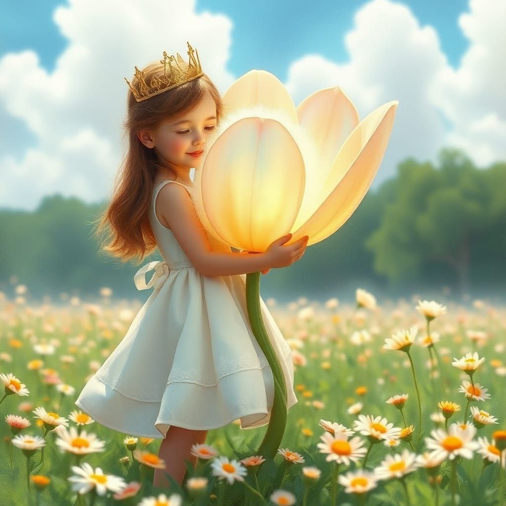 Girl with Giant Wishing Flower, Watercolor Art