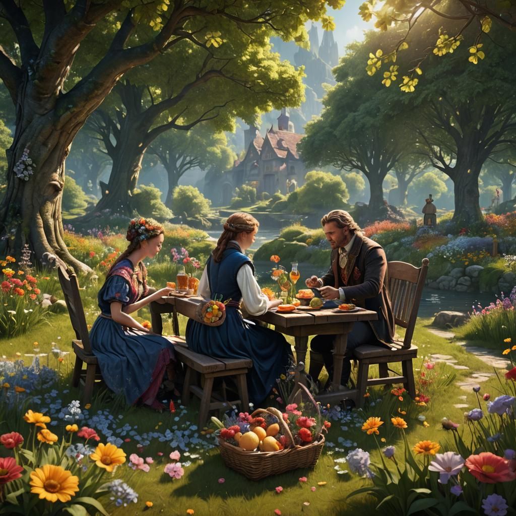 Couple's Sunny Picnic Amidst Flowers: Fantasy Concept Art