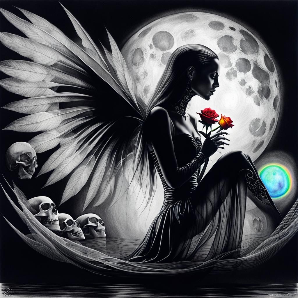 Goth Woman in Surreal Crayon Drawing with Rayograph Elements