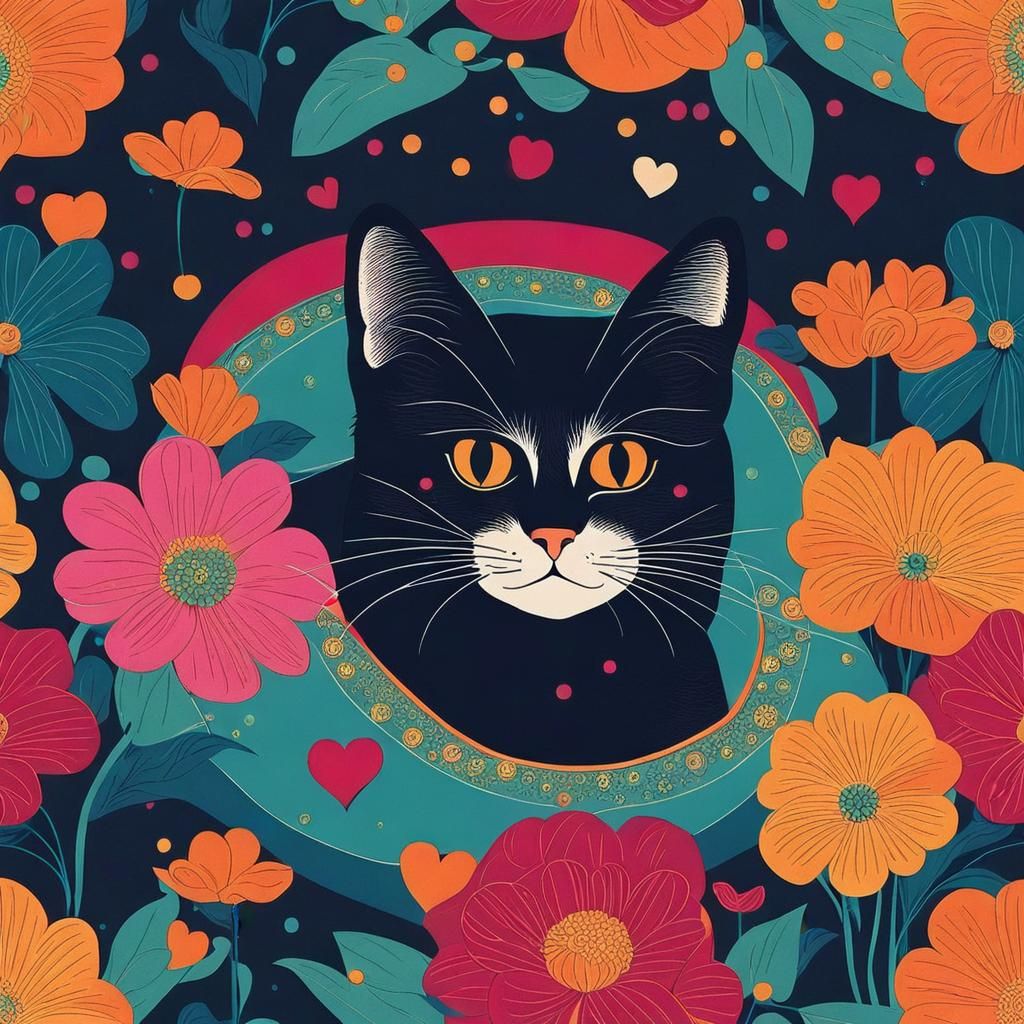 Cute Cat Surrounded by Flowers, Animation Style