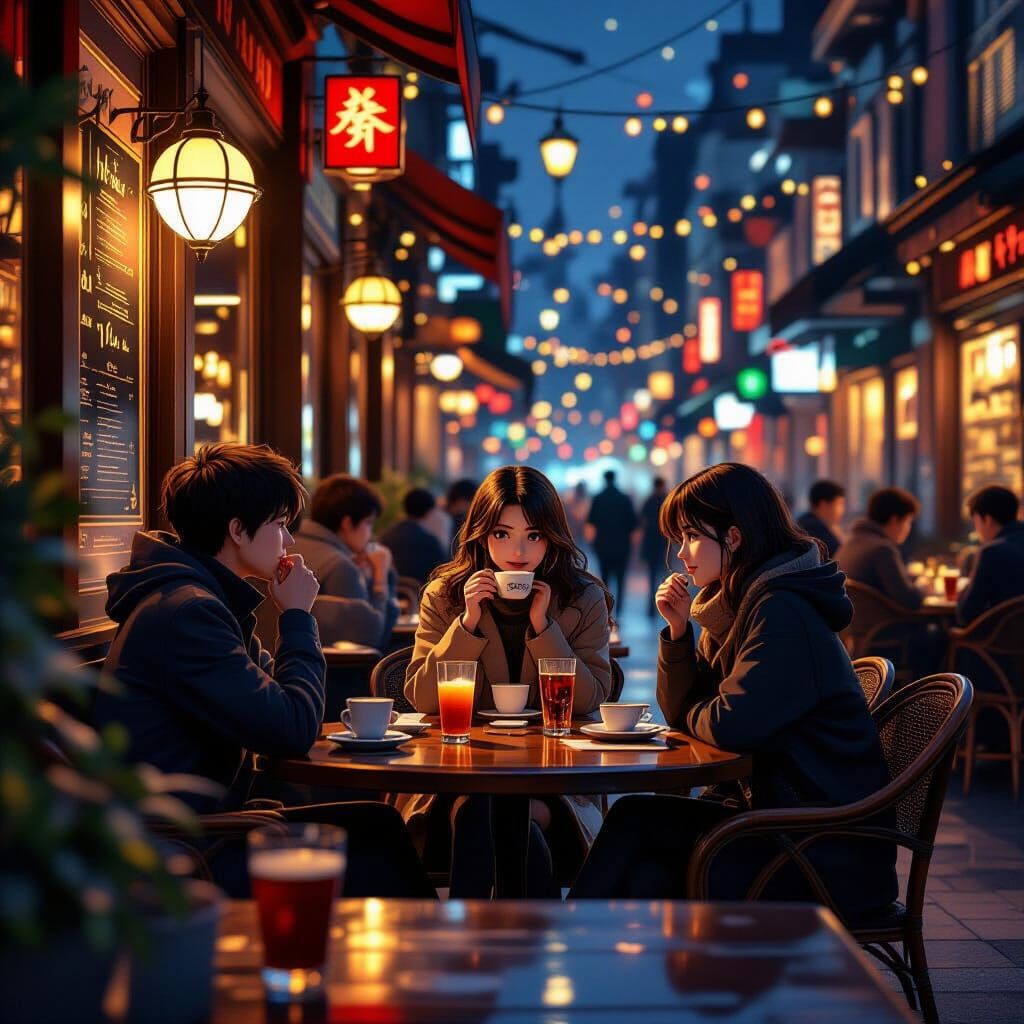 Night Cafe Scene in Anime Style, 8K