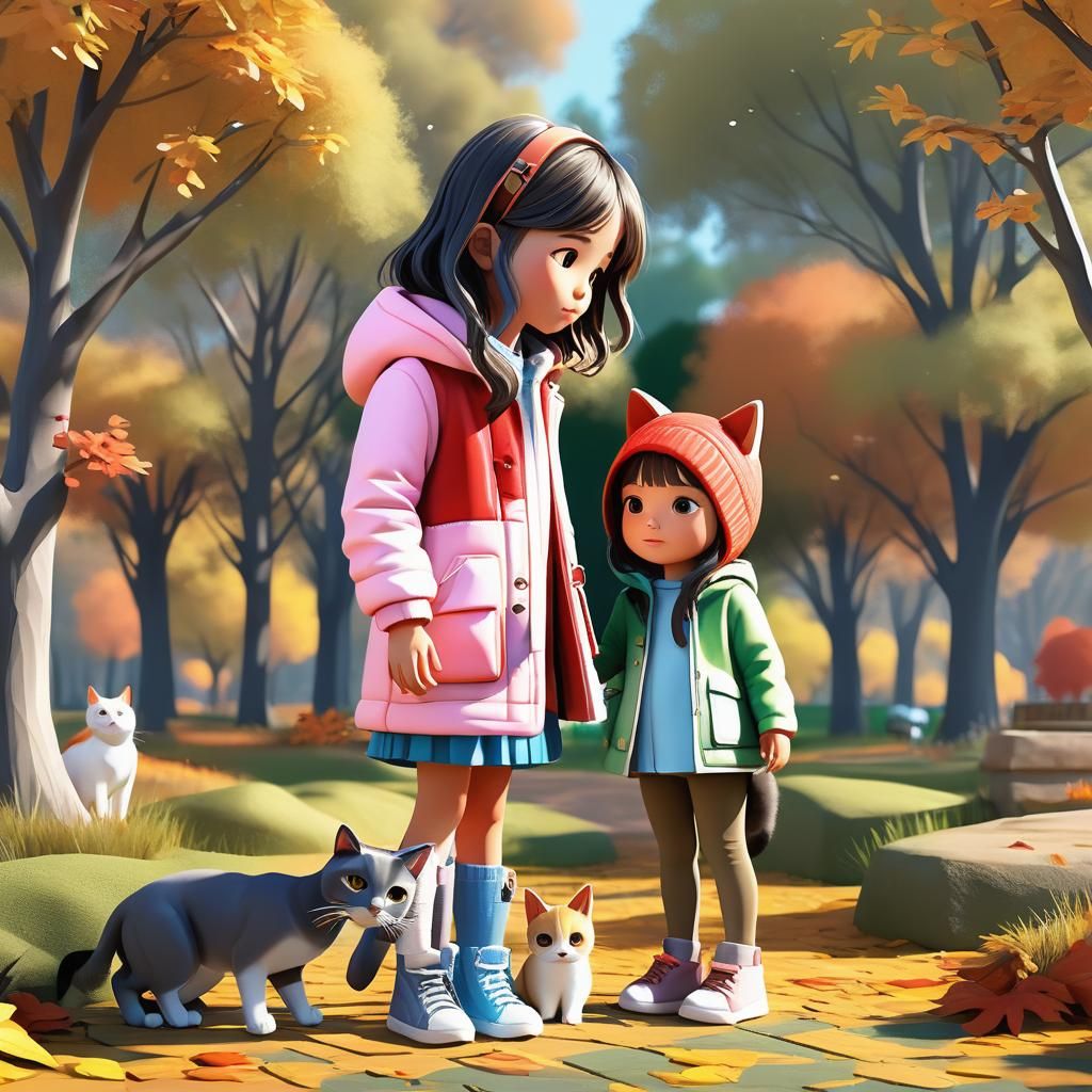 Girl Hugging Cat in Autumn Park, 3D Render