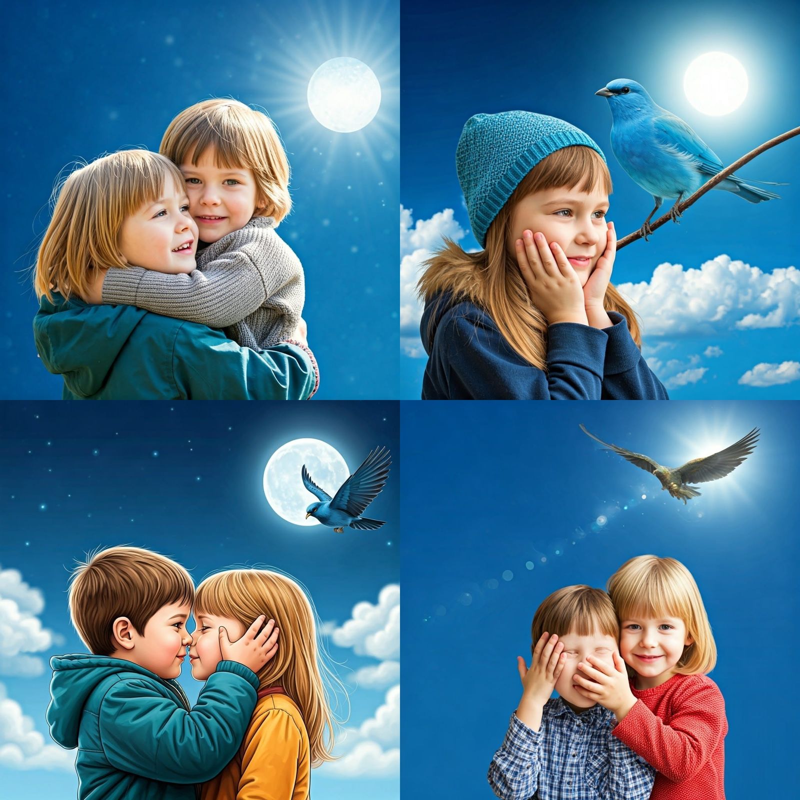 Children Gazing at Blue Bird in Sky