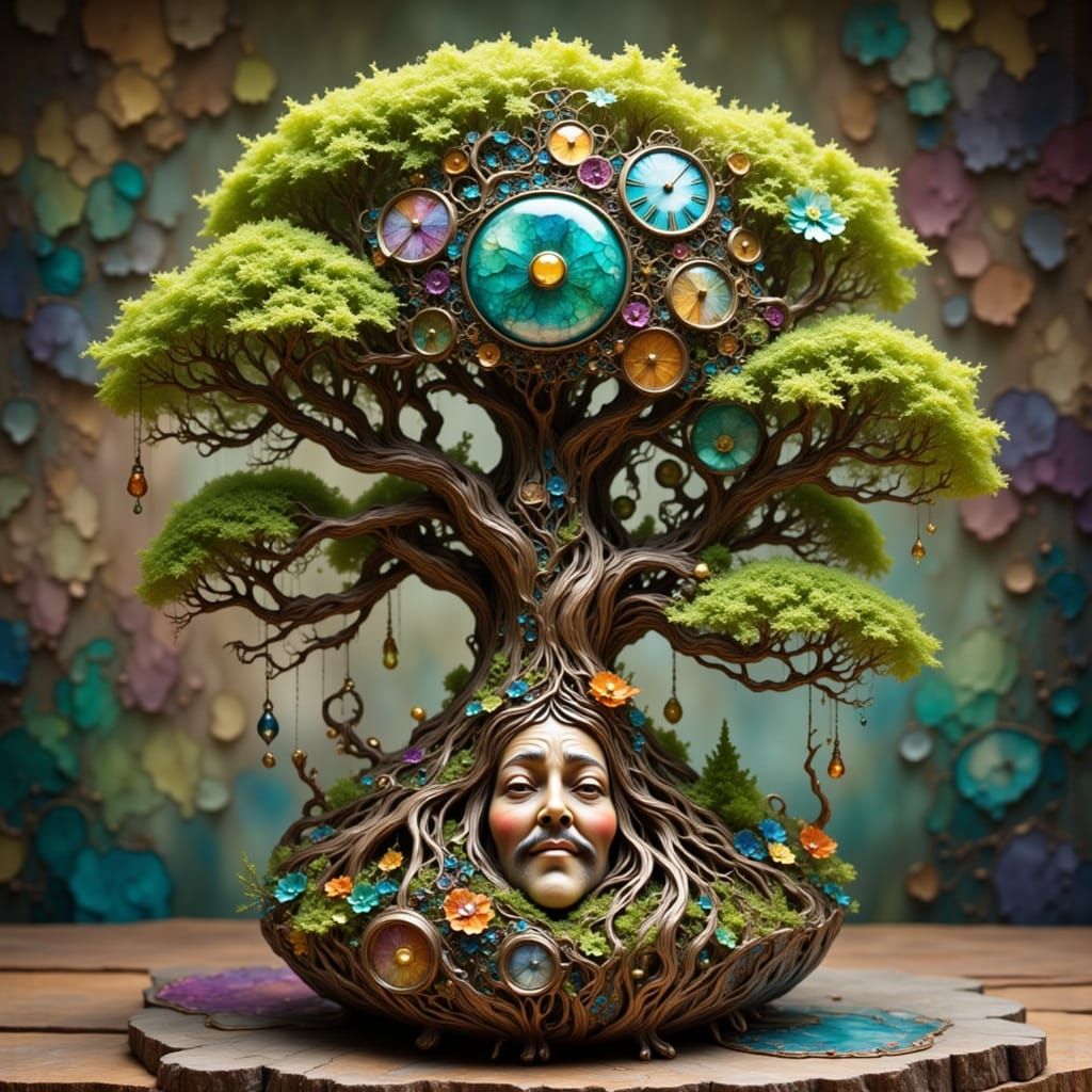 Clockwork Bonsai Tree with Gentle Face, Fantasy Art