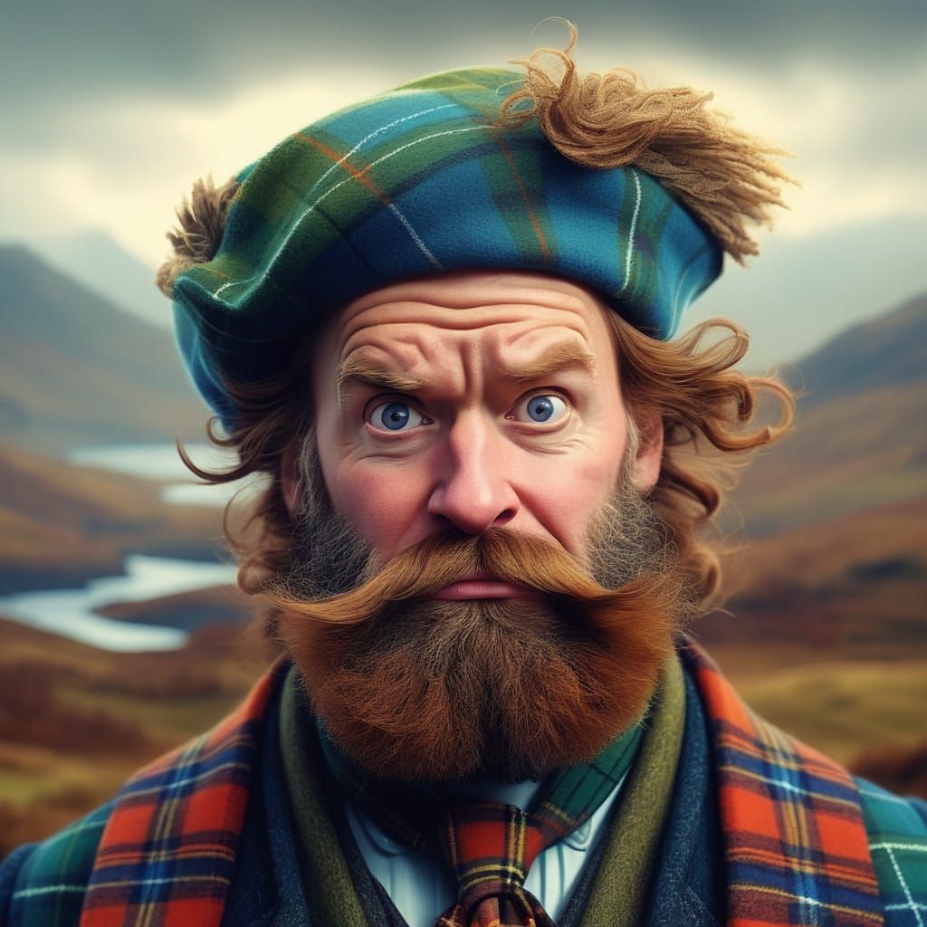 Whimsical Scotsman in Highland Landscape