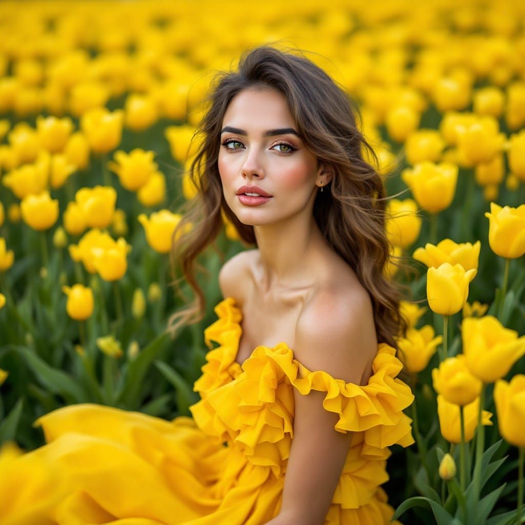 Woman in Yellow Dress in Field of Flowers