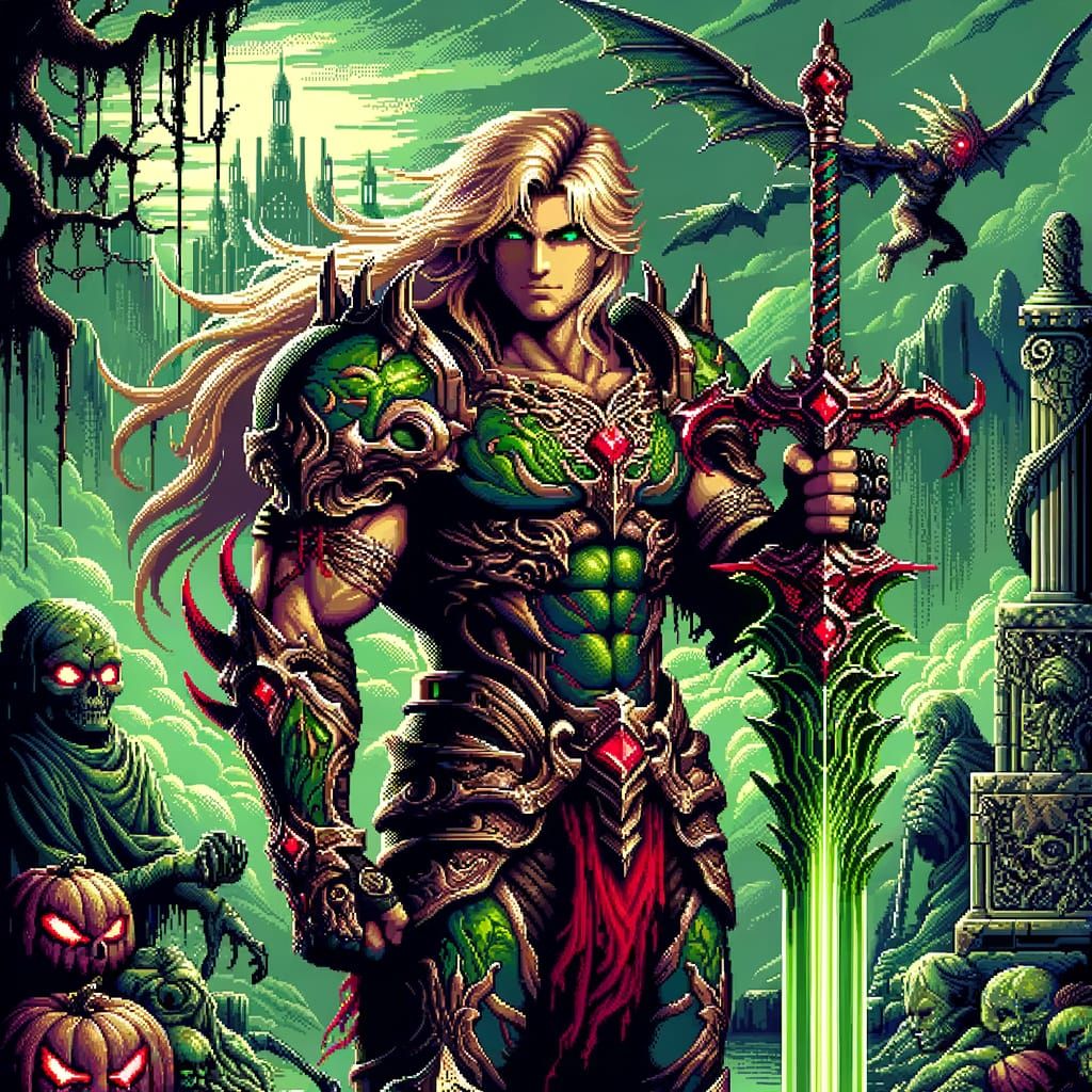 8-Bit Warrior in Haunted Forest Scene