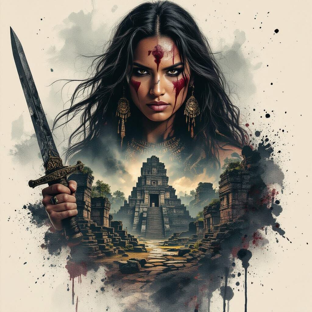 Mayan Goddess Double Exposure Artwork in Stark Hues