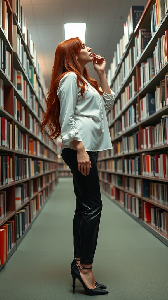 A 25 year old woman stands poised in a library, reaching up toward the shelves filled with books. Her very long, flowing...