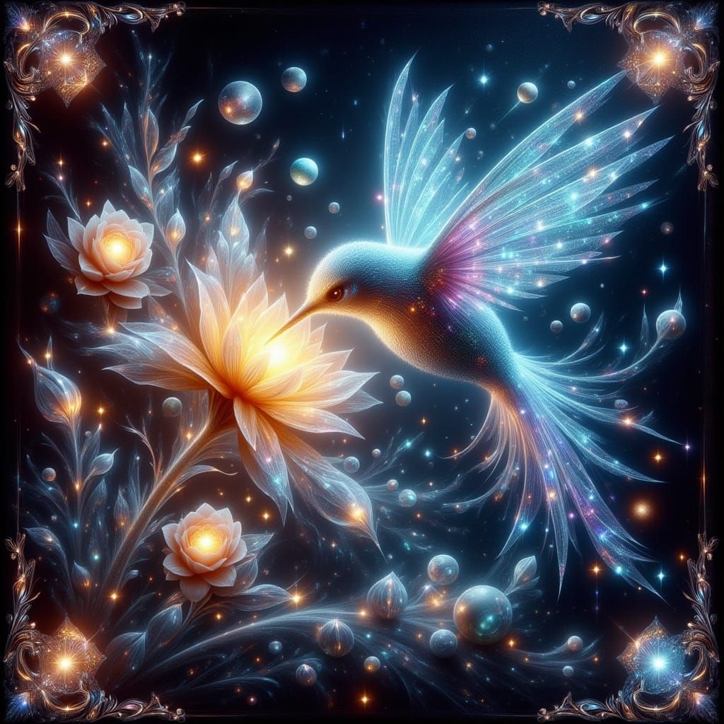 Celestial Hummingbird Sipping Nectar in Cosmic Nebula