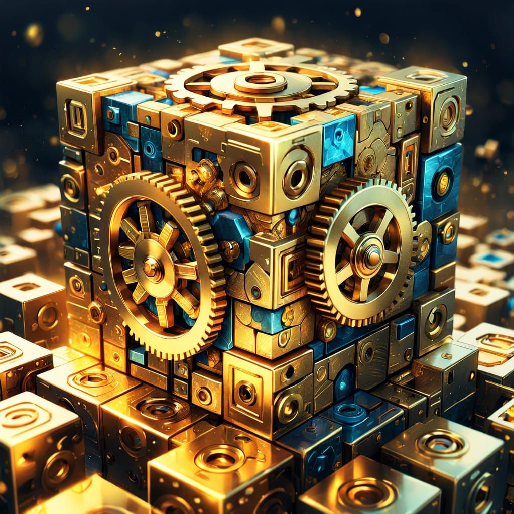 Golden Cogwheels Cube: 3D Rendering Concept Art