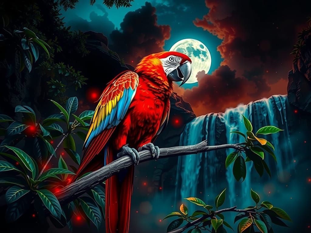 Vibrant Macaw Perched on a Branch in a Teal Moonlit Night