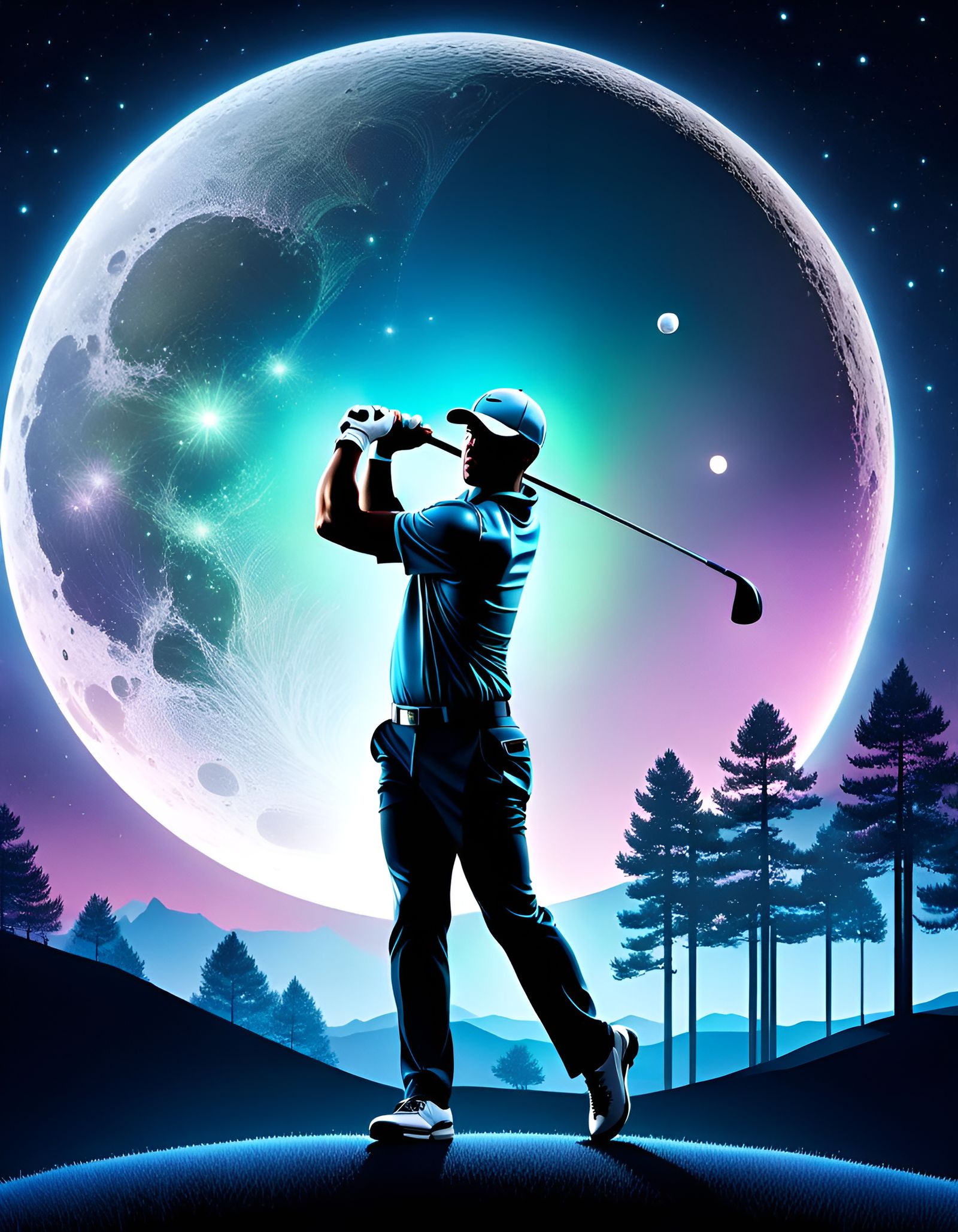 Futuristic AI Golfer Silhouette in Aurora Design