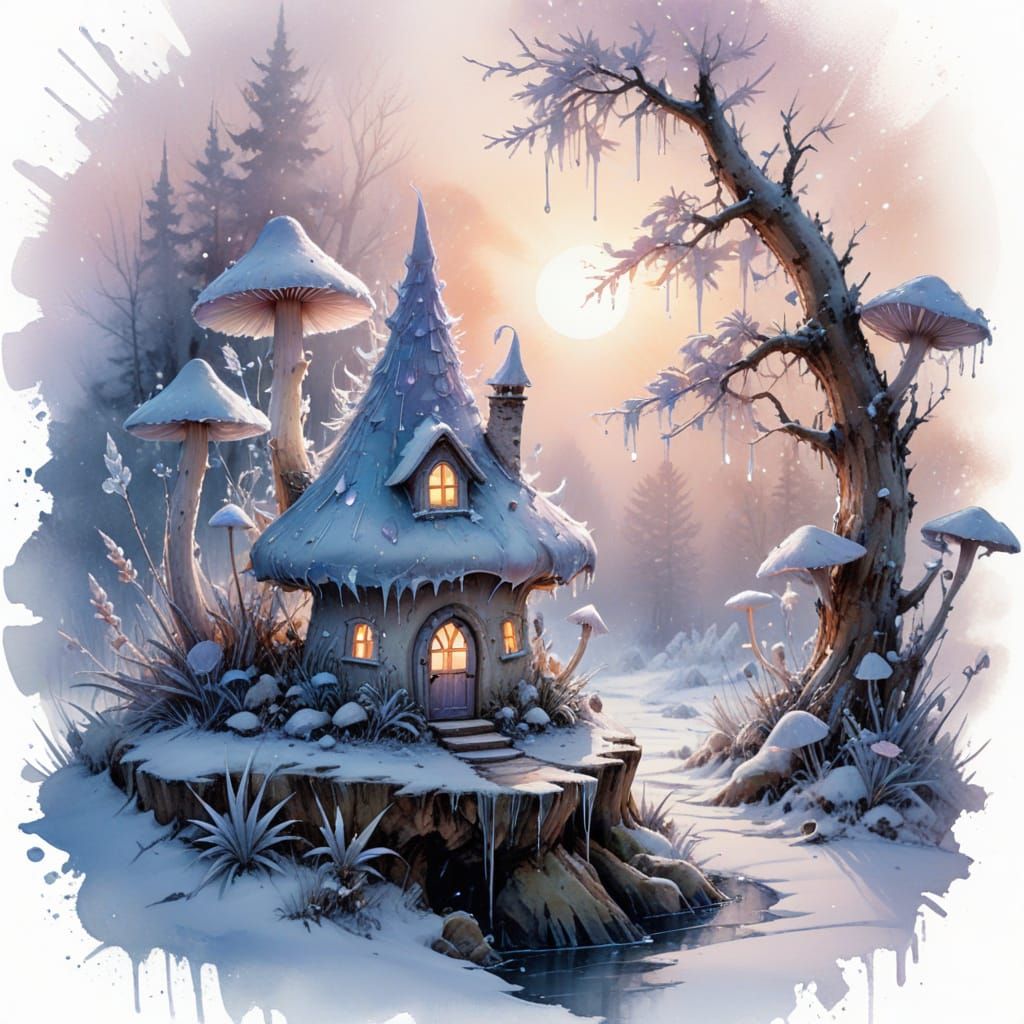 Ice Fairy House on Winter's Eve in Watercolor