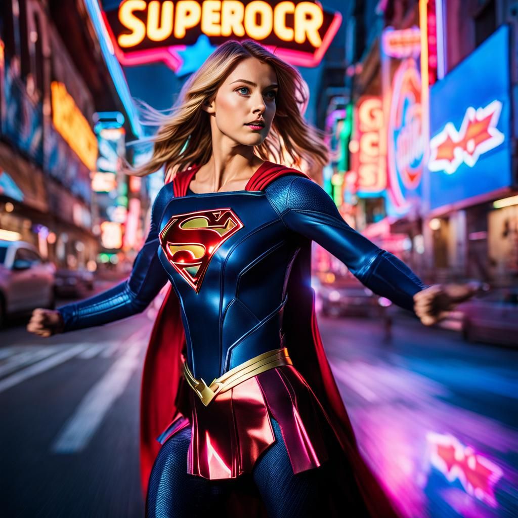 Supergirl Zooms Through Neon City: High-Speed Photography