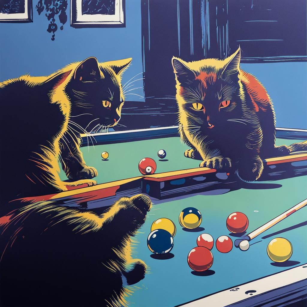 Cats Playing Pool: Four Color Screenprint