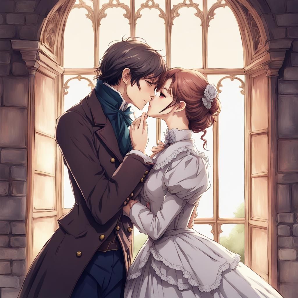 Victorian Couple's Kiss: Anime-Inspired Castle Romance