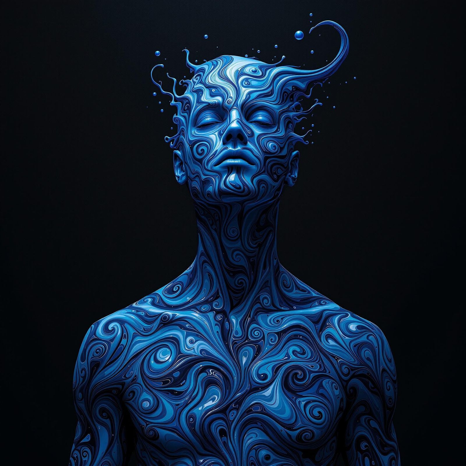 Surreal Oil Painting of Man with Swirling Liquid Skin in Fan...