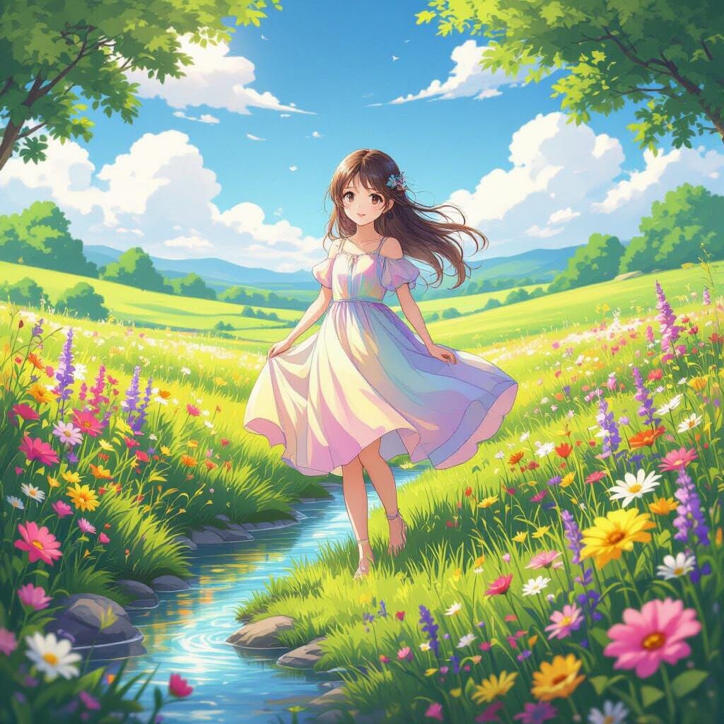 Anime Girl in Vibrant Pastel Landscape