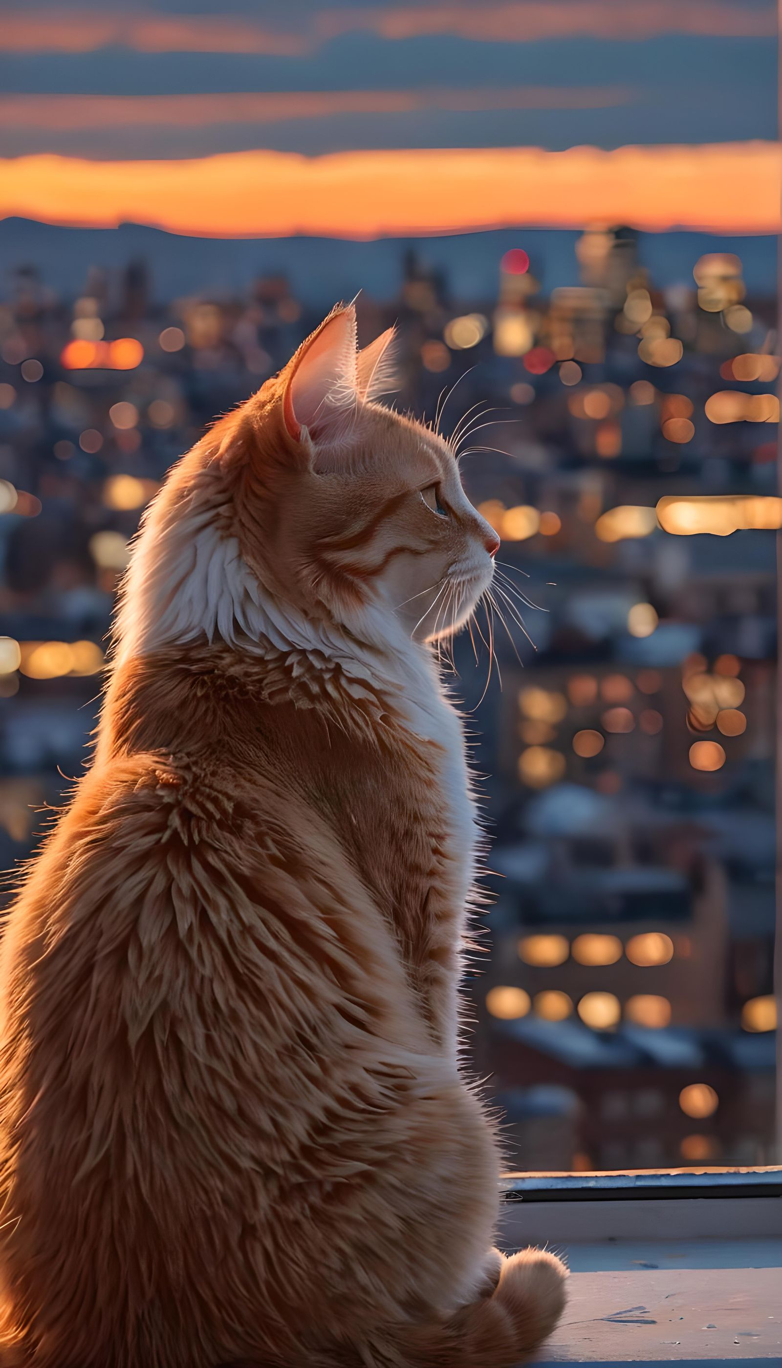 Cat Gazing at Montreal Dusk, Holographic Illustration