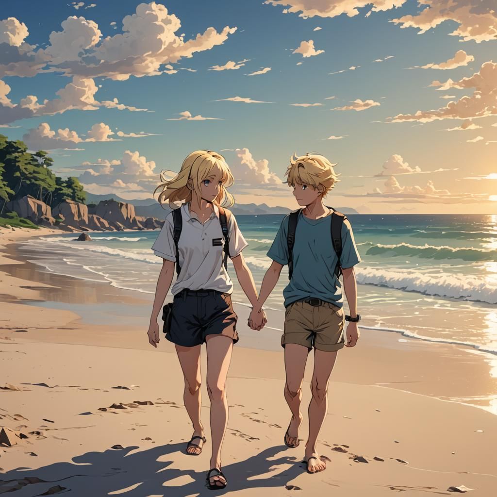 Teenagers Holding Hands at Beach in Anime Style