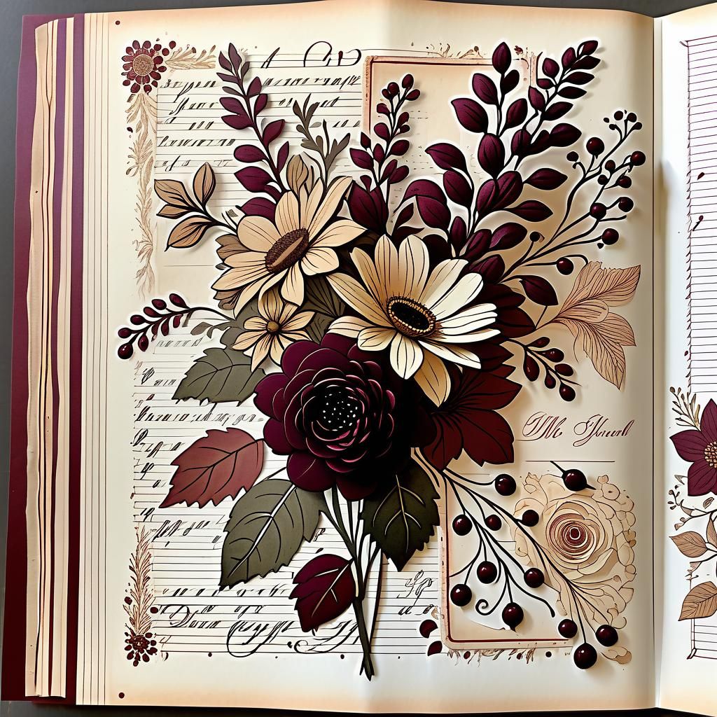 Floral Bouquet on Wine Red Junk Journal Page