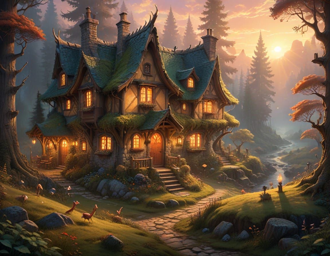 Whimsical Fantasy Village in Storybook Style with Golden Hou...
