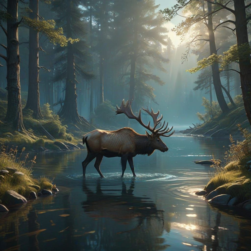 Elk in Serene Lake Landscape, Fantasy Environment Painting