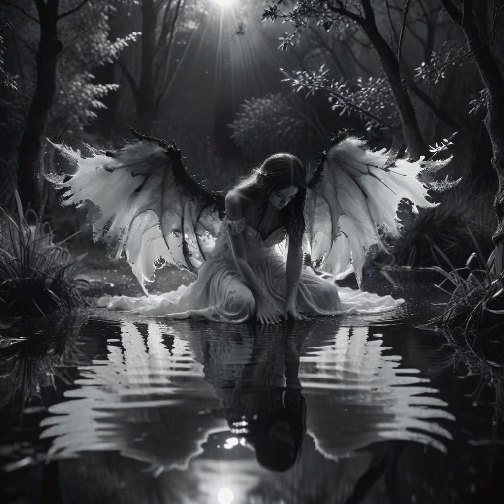 Ethereal Angel Kneeling by Pond in Sorrowful Portrait