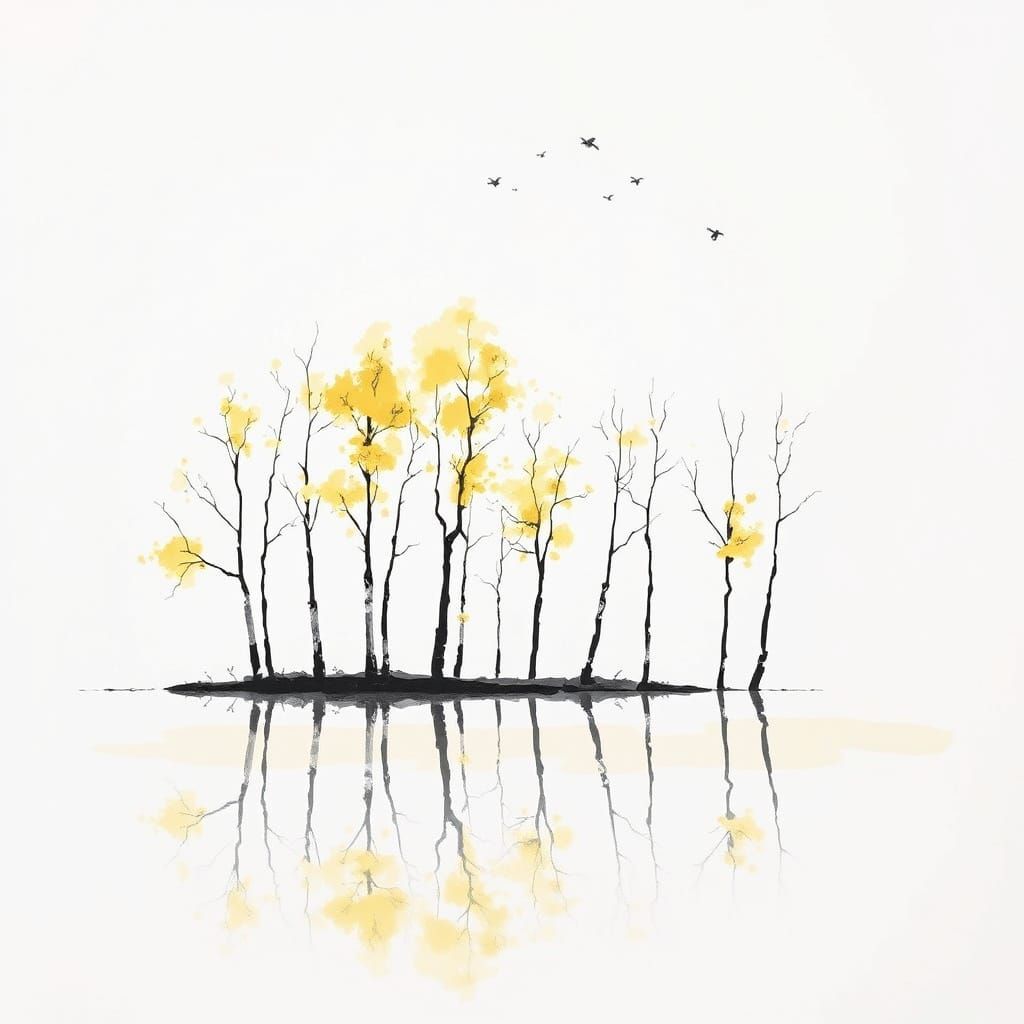 Ethereal Watercolor Lakeside Landscape with Birch Trees