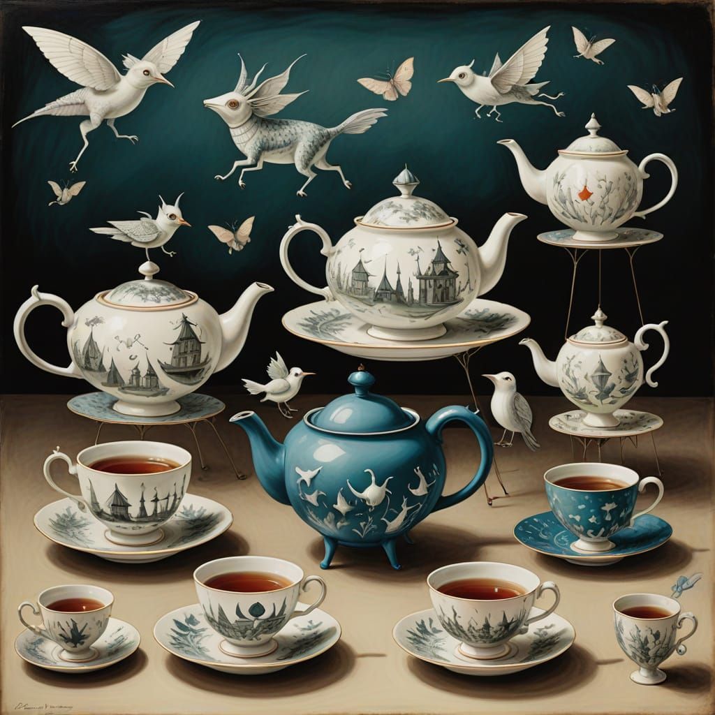 Surreal Teapot Goddess in Whimsical Leonora Carrington Style