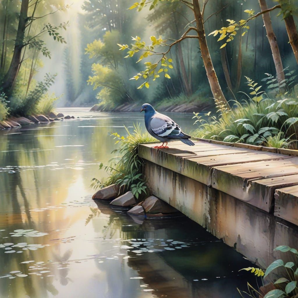 Watercolor Pigeon on Forest Bridge in Soft Light