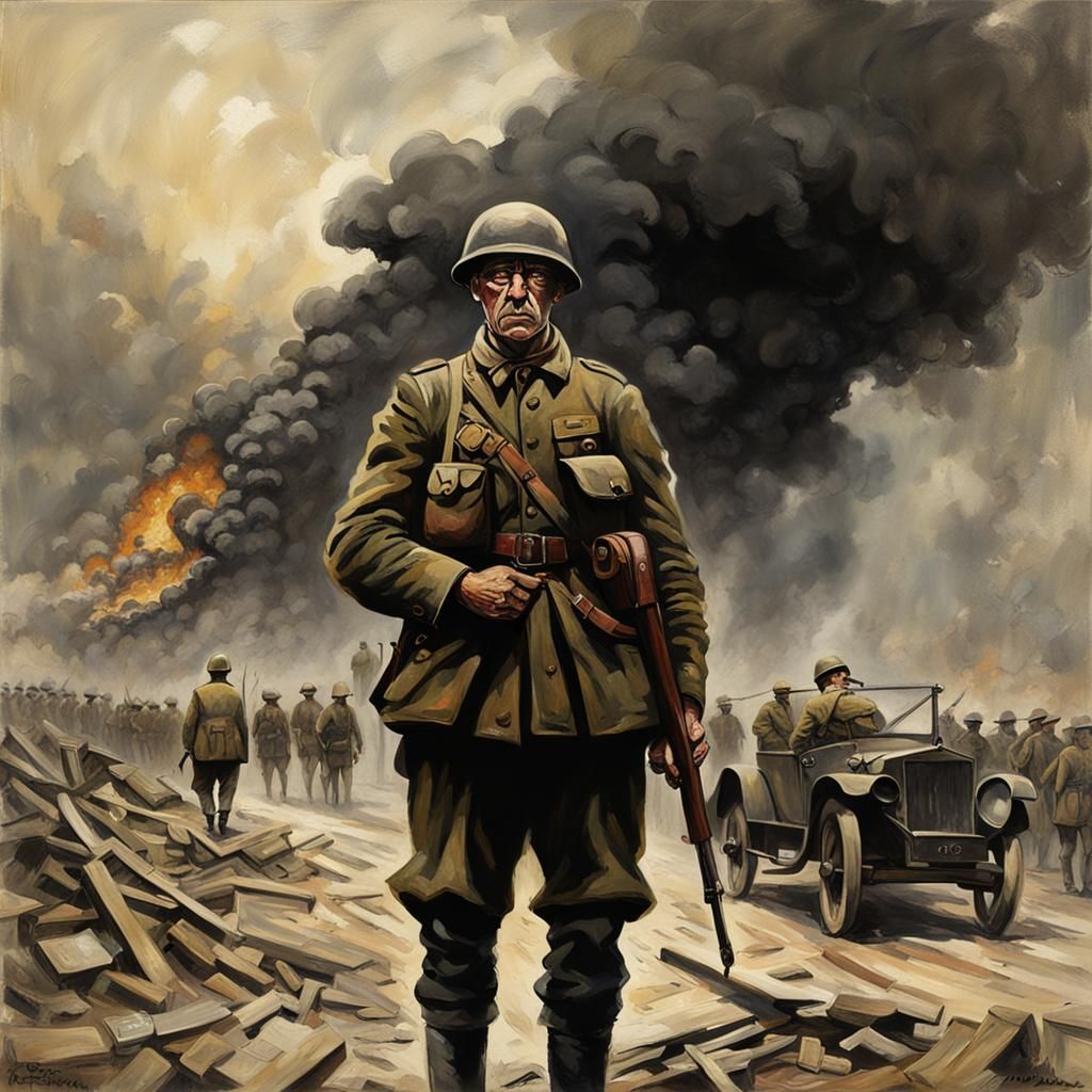 Traumatized WWI Soldier in Sinister War Landscape