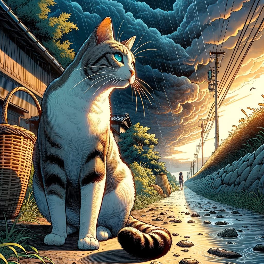 Japanese Bobtail Cat in Rural Japan, Cel-Shaded Illustration