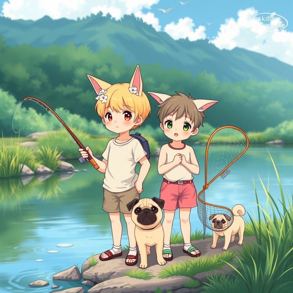 Two Boys Fishing on a River Bank in Whimsical Anime Style