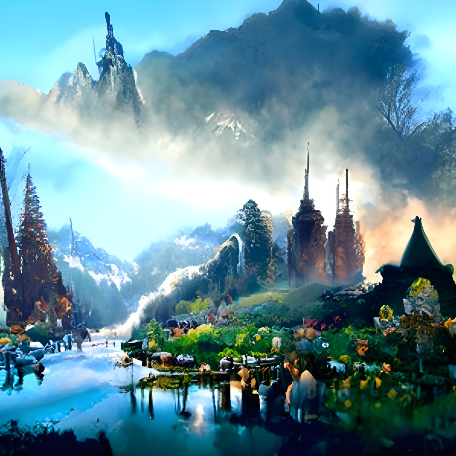 Ethereal Middle-earth Fantasy Landscape in Kinkade Style