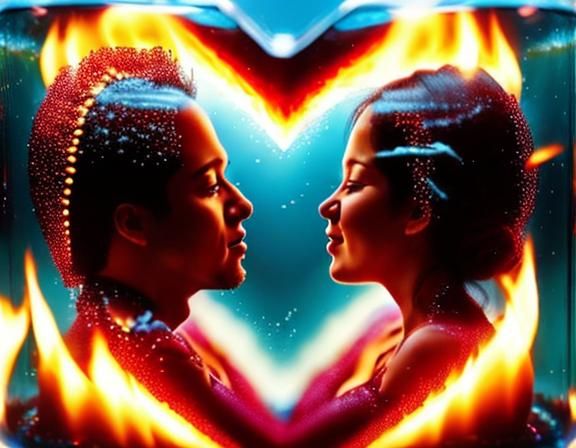 Passionate Kiss Reflected in Fiery Glass Heart