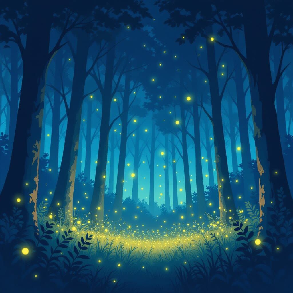 Magical Twilight Forest Filled With Glowing Fireflies