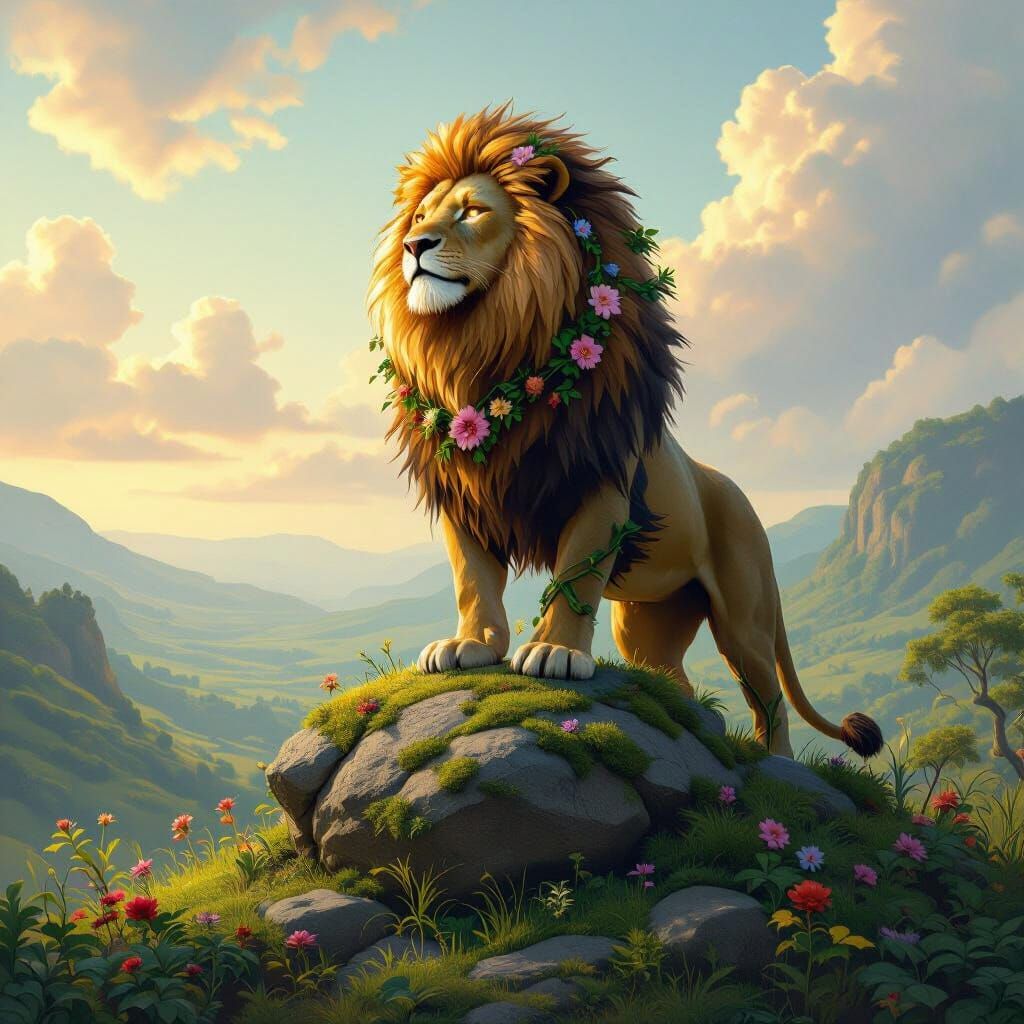 Majestic Lion With Woven Vine Mane in Fantasy Scene